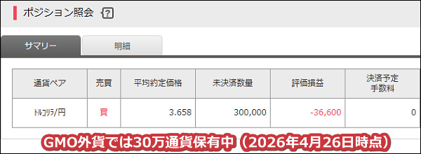 2026年4月26日時点でGMO外貨では30万通貨のトルコリラを保有中