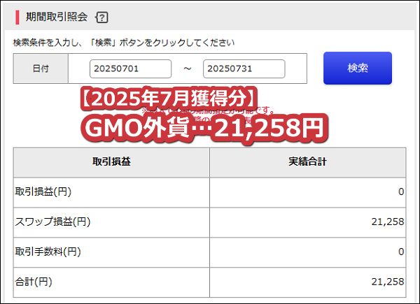 GMO外貨【トルコリラ】のスワップポイント2025年7月獲得分【100万通貨】