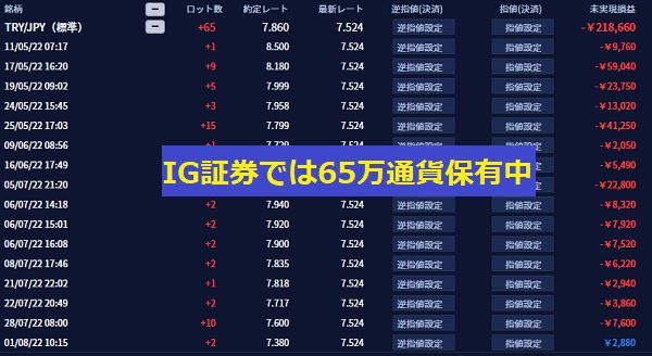 IG証券ではトルコリラを65万通貨保有【2022年8月8日時点】