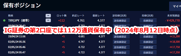 IG証券ではトルコリラを112万通貨保有【2024年8月12日時点】