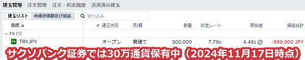 2024年11月17日時点でサクソバンク証券では30万通貨のトルコリラを保有中