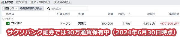 2024年6月9日時点でサクソバンク証券では30万通貨のトルコリラを保有中