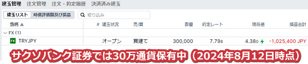 2024年8月12日時点でサクソバンク証券では30万通貨のトルコリラを保有中