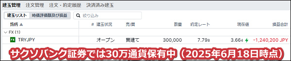 2025年6月18日時点でサクソバンク証券では30万通貨のトルコリラを保有中